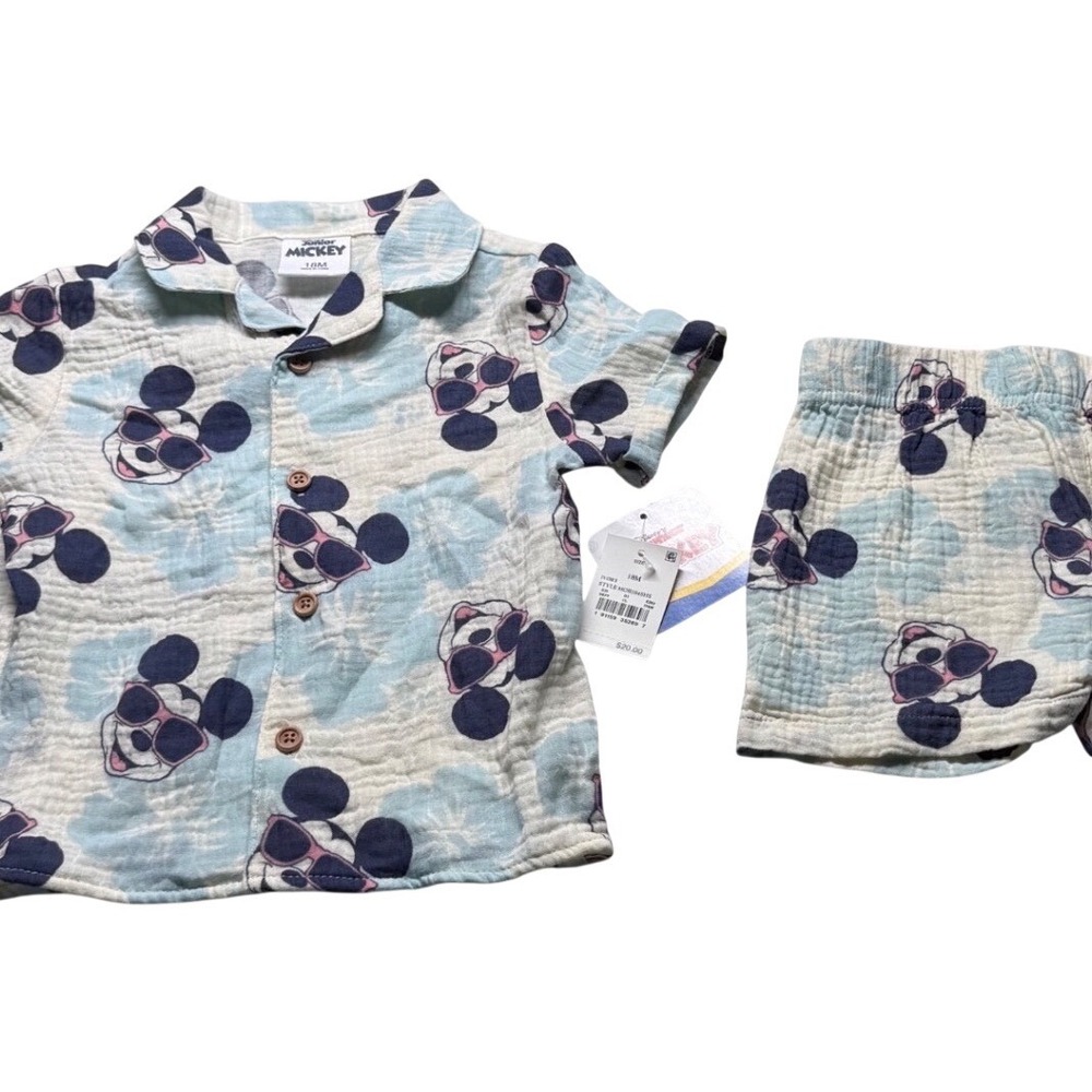 Disney Junior Mickey Mouse 18M Ivory Cotton Gauze Shirt & Shorts Set NWT Summer